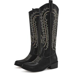 Women's Black Embroidered Knee High Chunky Heel Pointed Zipper Tall Boots